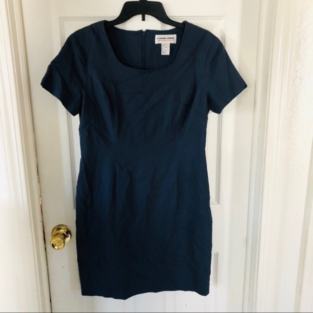 VINTAGE CAROL HORN linen cotton blend navy short sleeve summer dress size 10P